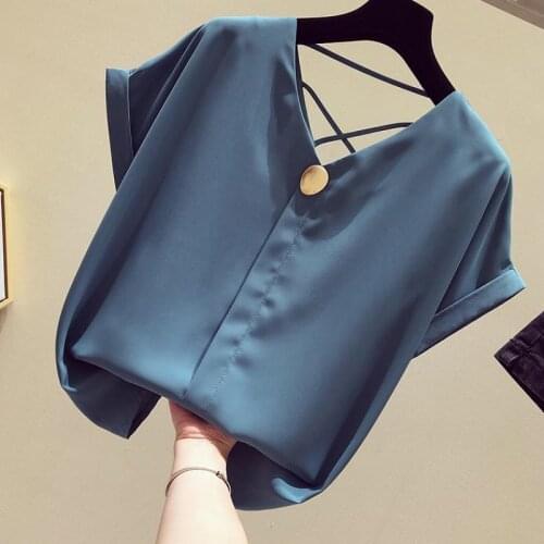Chiffon Women Blouse 2020 Summer New V-Neck Slim Solid Solid Button Loose Office Lady Elegant Pulls Fashion Outwear Tops