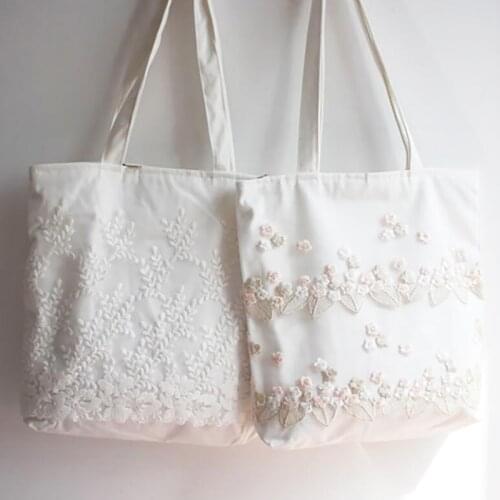 Fashion Lace Flower Floral Embroidery Book Bag White Canvas Bags Women Casual Summer Luggage Organizer Students School Bag