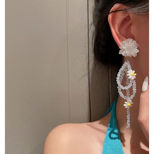 Korean Fashion Crystal Acrylic Flower Long Tassel Dangle Earrings for Women Elegant Earrings 2021 New Arrival Party Jewelry