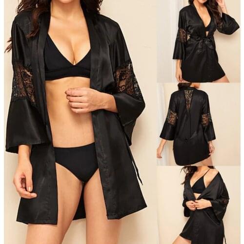 Womens Solid Color Nightdress Robe with Waistband Long Sleeve Lace Patchwork Cardigan Sleepwear for Home/Daily