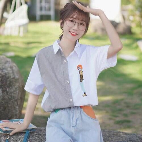 Womens Short Sleeve Shirt 2021 New Fashion Hong Kong Style Stripe Korean Loose Asymmetric Half Sleeve Shirt Summer Y2k Harajuku