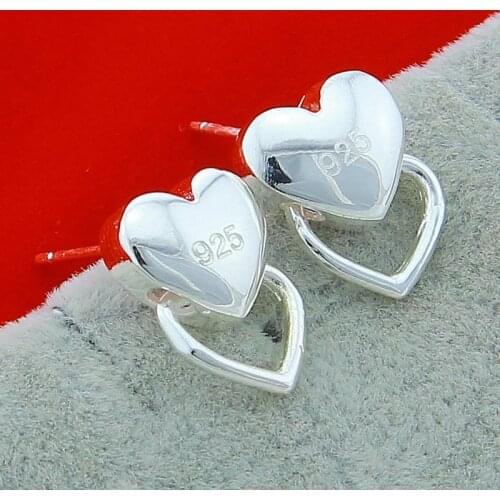 Hot Sale 925 Sterling Silver Double Heart Shape Romantic Stud Earrings For Women Wedding Party Jewelry Gift