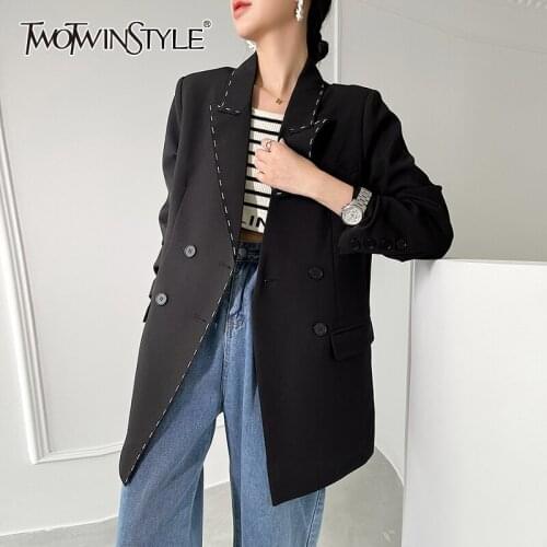 TWOTWINSTYLE Patchwork Colorblock Blazer Coats For Female Lapel Collar Long Sleeve Loose Womens Casual Coat Fashion New 2021