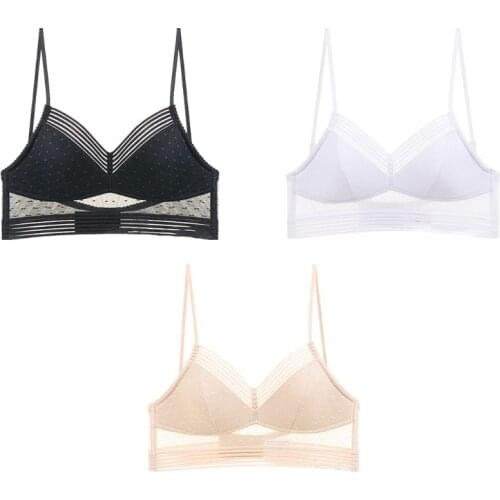 Lady Sexy Deep U Low Back Lace Bralette Thin Cup Polka Dot Bustier Top Sheer Mesh Wireless Seamless Solid Underwear Bra Lingerie