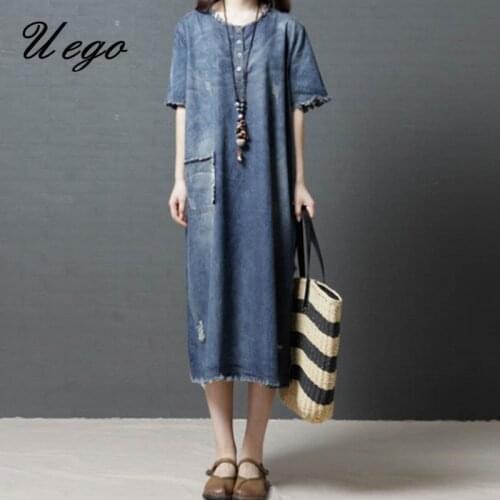 2021 New Arrival Short Sleeve Loose Summer Dress Burrs Hole Pockets Distressed Vintage Denim Dress Fashion Women Casual Dress