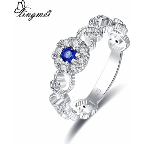 Lingmei Pretty Fashion Women Simple Style Round Cut Red & Blue & White Zircon Silver ColorRing JewelryRing Size 6 7 8 9 Gifts