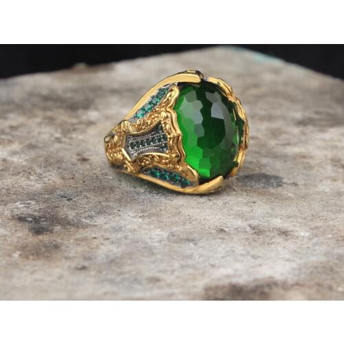 925 Sterling Silver Emerald Gemstone Men Silver Ring, Green Micro Zircon Stone Silver Ring For Men, Vintage Men Ring