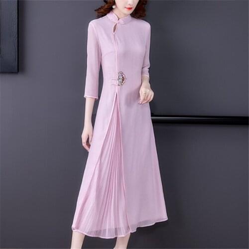 2021 New Spring Summer Chinese Style Mid-Length Dress Embroidered Chiffon Spliced Pleated Improved Cheongsam Tea Dress ZH1639