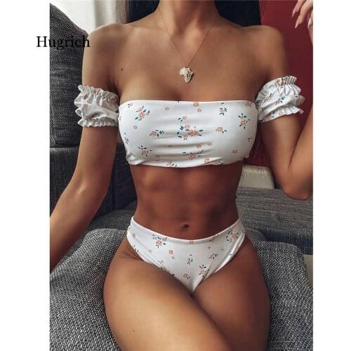 2021 Floral Off Shoulder Bikini Female Swimsuit Women Swimwear Two-pieces Bikini set Mid Waist Bather Bathing Suit Swim