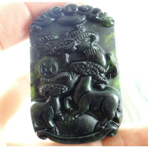 59*40*11MM Wholesale natural Chinese black green stone hand-carved statue of Sanyang Kaitai amulet pendant necklace