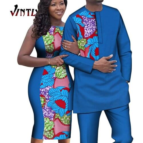 African Couple Outfits Women Sleeveless Slime Dresses and Dashiki Men Shirt and Pant Set Bazin Patchwork Lovers Clothes WYQ644