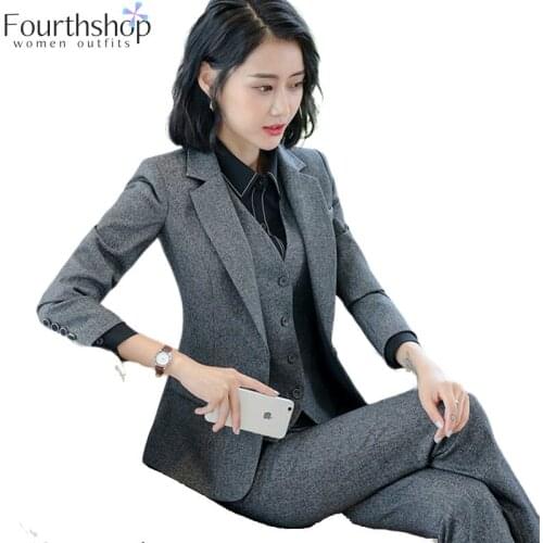 Elegant Formal Suits Women Office Lady Business Work Pants Blazer Set Autumn Winter 2 Pieces Jacket Suit Female 2019 Plus Size