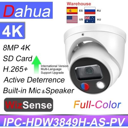 Dahua IP Camera 8MP 4K Full-Color WizSense Active Deterrence IPC-HDW3849H-AS-PV Built-in mic Audio I/O Vehicle SD card