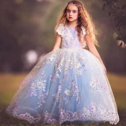 Beautiful Blue Lace Cap Sleeves Long Princess Flower Girl Dress Little Girl Ball Gown