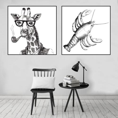 Cute Shrimp Crab Giraffe Sketching Animals Poster Canvas Print Painting Wall Art Living Room Home Decoration