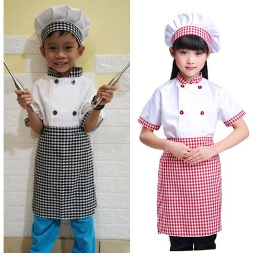 2021 New Kids Chef Jacket Plaid Trousers Cook Uniform Food Service Halloween Carnival Cosplay Costumes for Children Girls