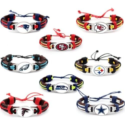 New custom 32 designs American football bracelet glass cabochon charm adjustable leather bracelet