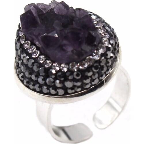 100-Unique 1 Pcs Silver Plated Irregular Oval Shape Natural Purple Amethysts Cluster Inlay Rhinestone Wedding Ring