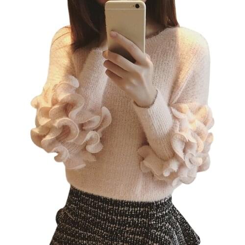 Autumn Winter Sweater Women Sweet Wood Ear Edge Jumper Thin Loose long-sleeved Mohair Pullover Thick Clothing Vestidos LXJ149
