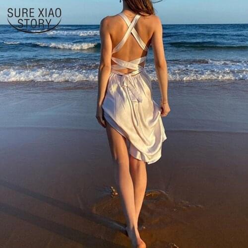 Plus Size Holiday Beach V-neck Sling Satin Dress Sexy Party 2021 Summer Women Dress Hollow Out Sleeveless Dress Vestido 14580