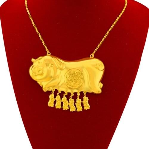 Luxury China Traditional Pig Shaped Pendant Necklace Jewelry for Women Bride Wedding Bridal Gold Not Fade Neklace Fine Jewelry