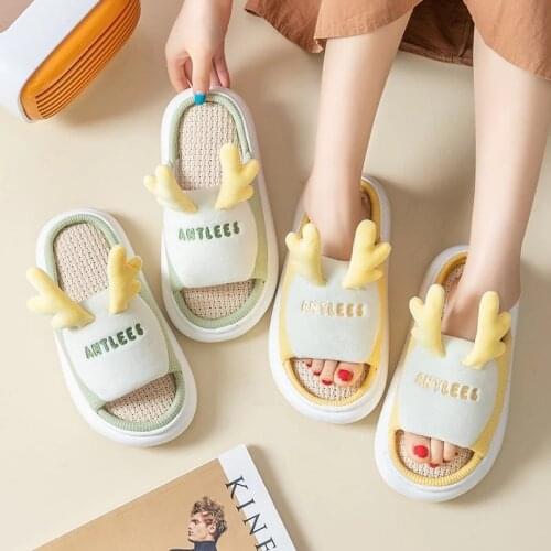 Women Cotton Linen Slippers Cartoon Deer Summer Shoes Couples Indoor Platform Slipper Breathable Female Male Home Floor Slides