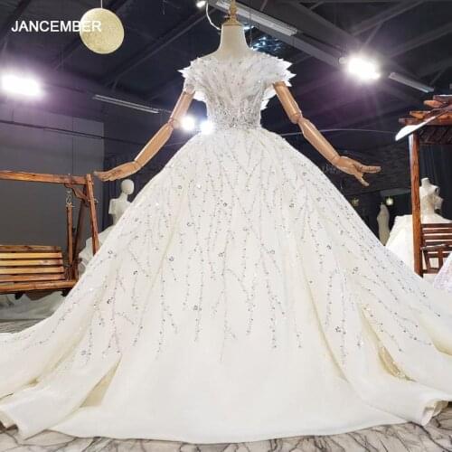 HTL1802 Boat Neck With Short Sleeve Off The Shoulder Sequined Crystal Bow Custom Wedding Dress 2020 Pearls Flowers