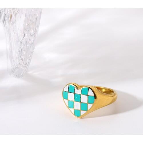 Unique Enamel Blue White Checkerboard Grid Stainless Steel Rings For Women 18K Gold Plated Geometric Finger Rings Jewelry