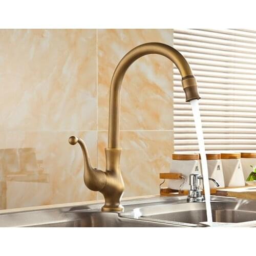 Vintage Retro Antique Brass Single Handle Swivel Spout Kitchen Sink Faucet Cold & Hot Mixer Tap asf110