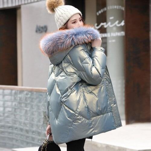 Women 2021 Winter Fashion Glossy White Duck Down Jacket Female Long Loose Coats Ladies Real Raccoon Fur Hooded Outerwear R310