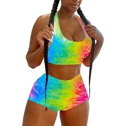 Women Printed Sports Clothes Set, Sleeveless Low-cut Cropped Tops + High Waist Short Pants