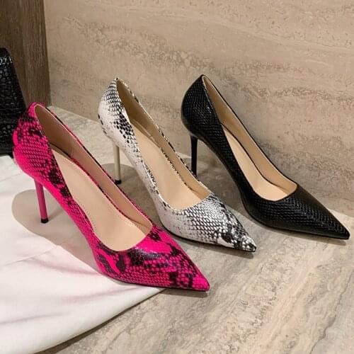 2021 Ins Elegant Women Snake Print Thin High Heels Pointed Toe Shallow Pumps Sexy Lady Rose Red Black Club Party Shoes Big Size