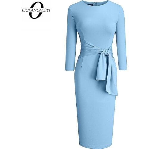 Women Elegant Bow Bandage Classic Solid Color One Piece Fashion Slim Office Lady Pencil Dress EB612