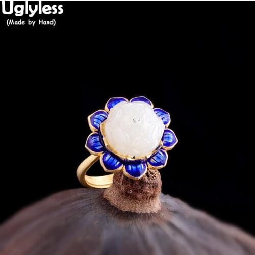 Uglyless Enamel Blue Lotus Rings for Women Natural Gemstones Jade Lotus Flower Open Rings Gold Real 925 Silver Fine Jewelry R945