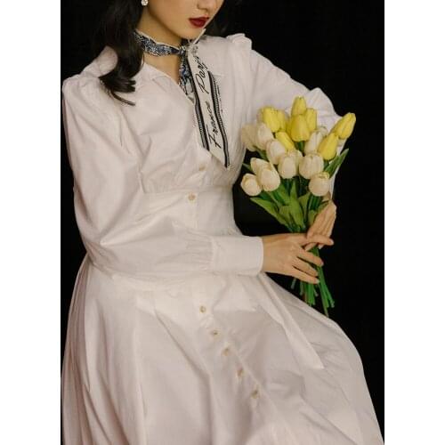 SWEETXUE Spring 2021 Womens New French Chic Retro White Shirt Dress Puff Sleeve Single-Breasted Elegant Dresses