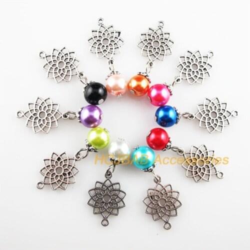 20Pcs Tibetan Silver Lotus Flower Mixed Glass Beads Charms Pendants 14x32mm