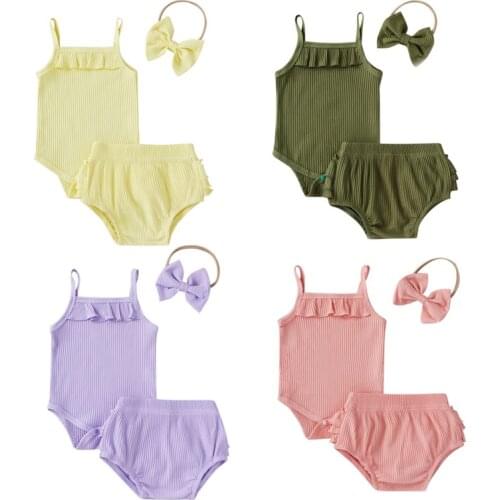 3Pcs Infant Baby Girls Clothes Sets Summer Solid Color Sleeveless Suspender Romper + Casual Shorts + Bow Headwear