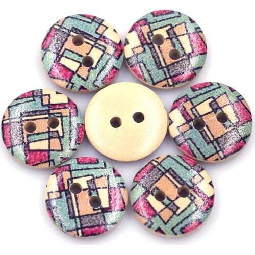 50Pcs Multicolor Plaid Round 2 Holes Wooden Sewing Buttons Crafts Scrapbook Bag Clothing Knitting Making Accessories 15mm(5/8")