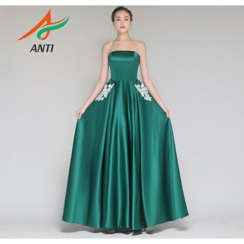 Anti Elegant Satin Formal Gown Evening Dresses A-Line Strapless Floor-Length Vestido De Festa Appliques Abendkleider In Stock