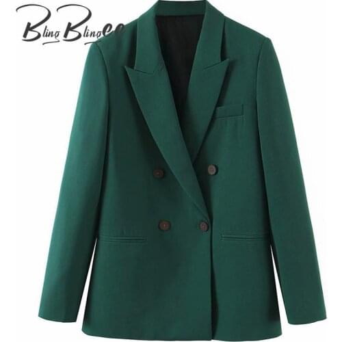 BlingBlingee Double Breasted Dark Green Woman Casual Loose Formal Blazers Autumn Notched Collar Female Suit Jacket Coats 2021
