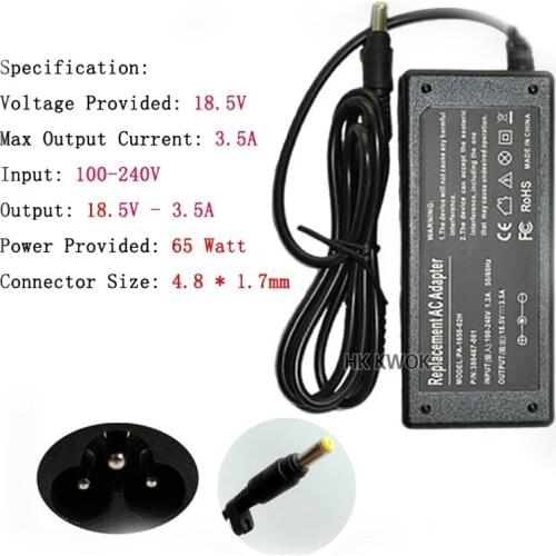 AC Adapter Laptop Charger 18.5V 3.5A 4.8x1.7mm For hp compaq 500 510 520 530 540 550 620 625 CQ515 Replacement Power Supply