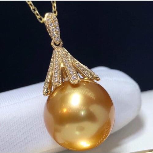 D206 Fine Jewelry 18K Yellow Gold Natural Ocean Golden Diamonds Pearl 14-13mm Pendant Necklaces for Women FIne Pearls Pendants