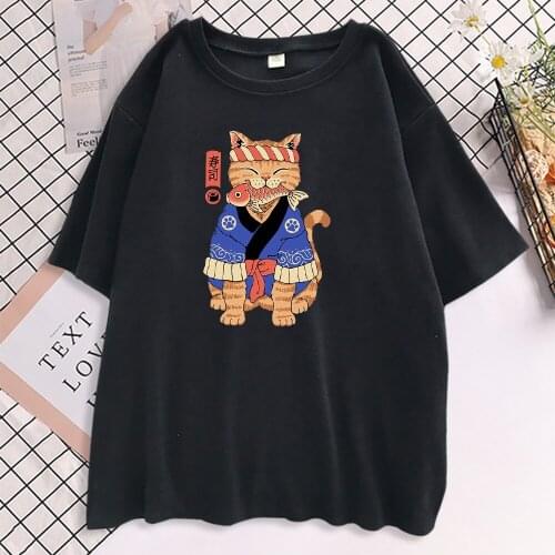 Japan Ukiyo E Style Orange Cat Womens T-Shirt Fashion 2021 T Shirts Harajuku Loose T Shirts O-Neck Soft Womens T Shirt Summer