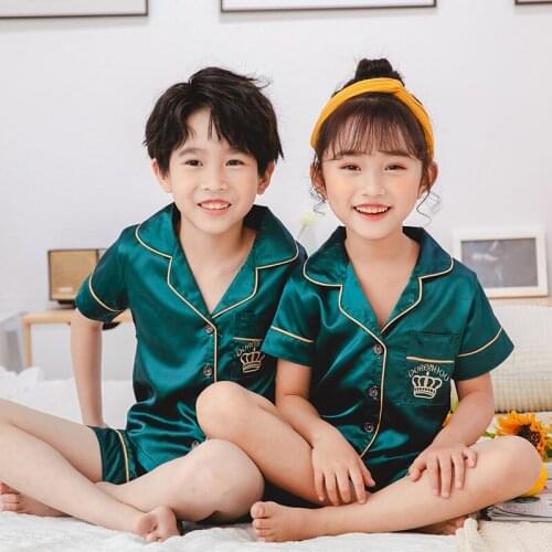 Summer Short Sleeve Silk Cartoon Printed Children Pajamas Set 2020 Satin Comfortable Kids Homewear Boys Cute Girls Sleepwear