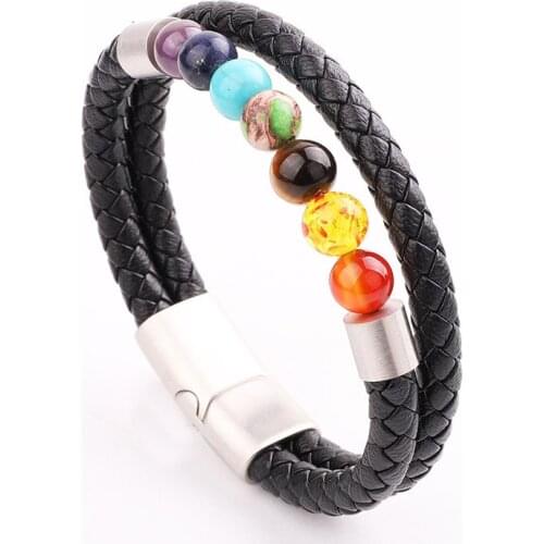 JARAVVI New Design Stainless Steel Magnet Clasp Natural 7 Chakra Energy Stone Genuine Leather Bracelet Men