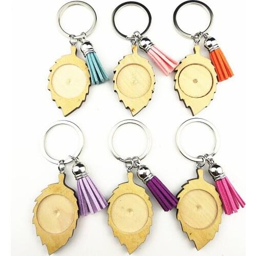 Jiangzimei New 24pcs Leaves 25mm Wood Cabochon Stainless Steel Keychain Blank Wooden pendant with tassels Keyring Wholesale