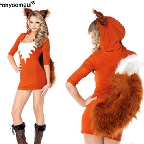 Adult Women Halloween Party Cosplay Sexy Fox Costume Kigurumi Hooded MIni Dress Cos Fancy Animal Porn Games Outfit For Ladies