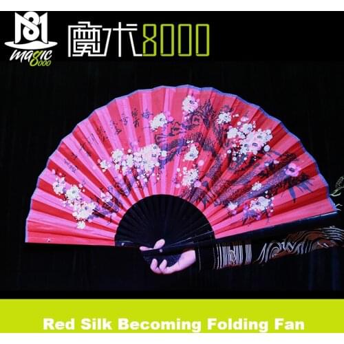 Red Silk Becoming Folding Fan Gorgeous Magic Tricks Plum Blossom Folding Fan Stage Magic Gimmick Illusion Magic Props