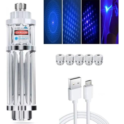 High-power blue laser flashlight USB charging 450nm 10000m focusable green red laser pointer burning match/cigar/candle