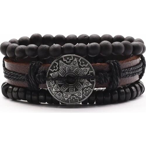 New 3 Pcs/set Genuine Leather Men Bracelets Women Skull Fish Compass Feather Charm Bangles Homme Male Gift Jewelry